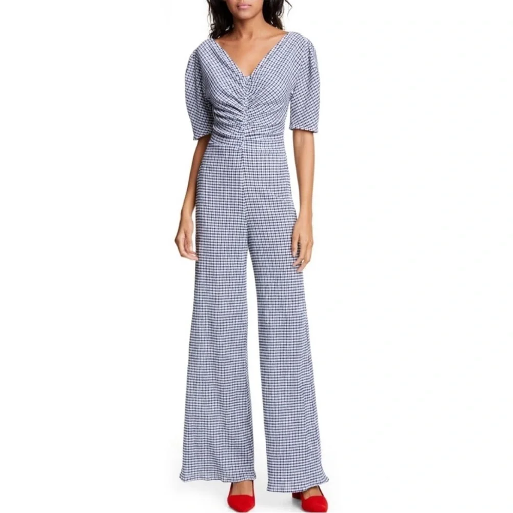 Staud Fraise Gingham Seersucker Ruched Short Sleeve Jumpsuit Navy New Size 6